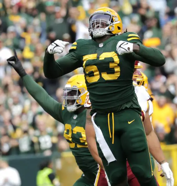 Oct 24, 2021; Green Bay, WI, USA; Green Bay Packers linebacker Jonathan Garvin (53) reacts after the Washington Football Team missed a field goal in the second quarter during their football game Sunday, October 24, 2021, at Lambeau Field in Green Bay, Wis. Mandatory Credit: Dan Powers-USA TODAY Sports