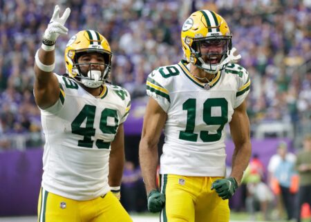 Green Bay Packers wide receiver Equanimeous St. Brown (19) celebrates a long reception in the third quarter with tight end Dominique Dafney (49) against the Minnesota Vikings during their football game Sunday, November 21, 2021, at U.S. Bank Stadium in Minneapolis, Min. Dan Powers/USA TODAY NETWORK-Wisconsin