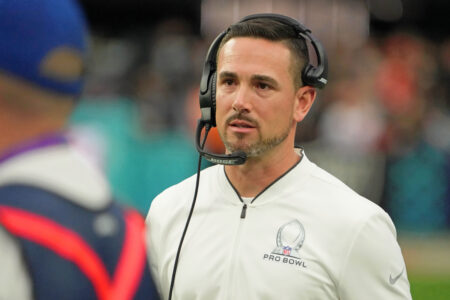 Feb 6, 2022; Paradise, Nevada, USA; NFC head coach Matt LaFleur of the Green Bay Packers looks on from the sideline against the AFC during the third quarter during the Pro Bowl football game at Allegiant Stadium. Mandatory Credit: Kirby Lee-USA TODAY Sports