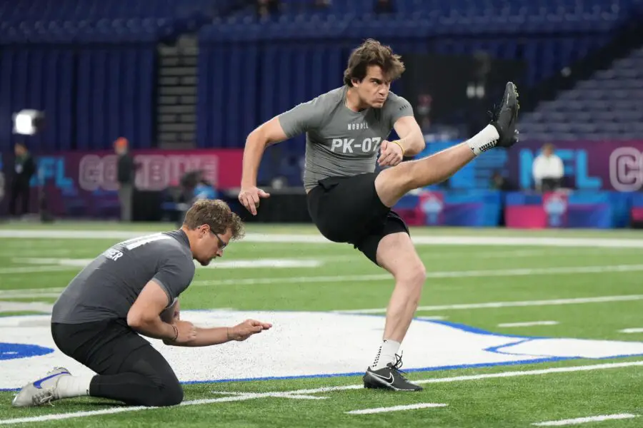 Mar 3, 2023; Indianapolis, IN, USA; Georgia place kicker Jack Podlesny (PK07) participates in drills during the NFL Scouting Combine at Lucas Oil Stadium. Mandatory Credit: Kirby Lee-USA TODAY Sports