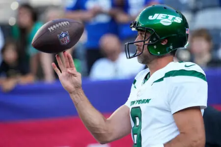 Aug 26, 2023; East Rutherford, New Jersey, USA; New York Jets quarterback Aaron Rodgers (8) warms up before a game against the New York Giants at MetLife Stadium. Mandatory Credit: Robert Deutsch-USA TODAY Sports