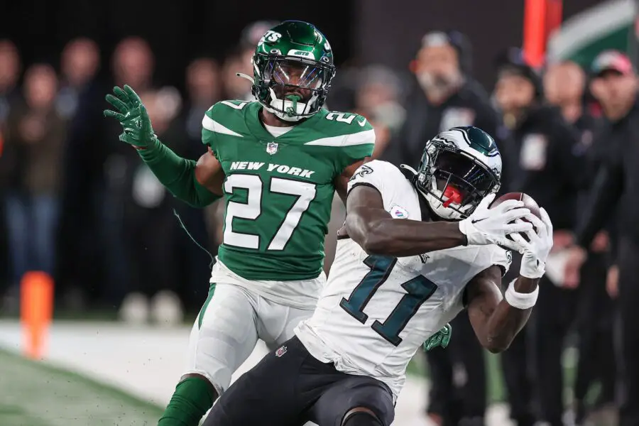 Oct 15, 2023; East Rutherford, New Jersey, USA; Philadelphia Eagles wide receiver A.J. Brown (11) catches the ball as New York Jets cornerback Tae Hayes (27) defends during the second half at MetLife Stadium. Mandatory Credit: Vincent Carchietta-USA TODAY Sports (Green Bay Packers)