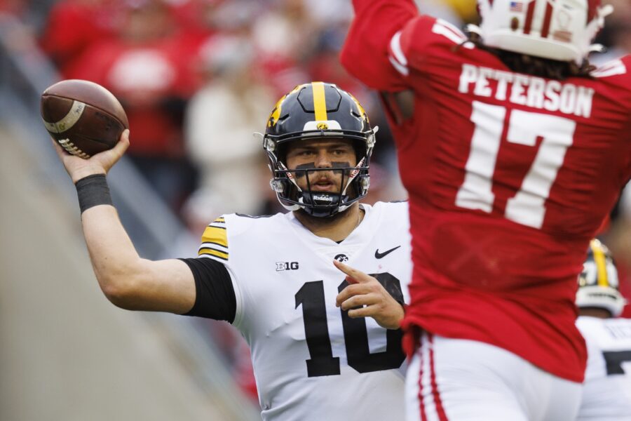 Oct 14, 2023; Madison, Wisconsin, USA; Iowa Hawkeyes quarterback Deacon Hill (10) during the game against the Wisconsin Badgers at Camp Randall Stadium. Mandatory Credit: Jeff Hanisch-USA TODAY Sports