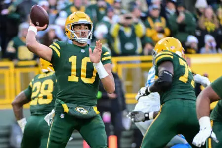 Nov 19, 2023; Green Bay, Wisconsin, USA; Green Bay Packers quarterback Jordan Love (10) looks to pass in the fourth quarter against the Los Angeles Chargers at Lambeau Field. Mandatory Credit: Benny Sieu-USA TODAY Sports