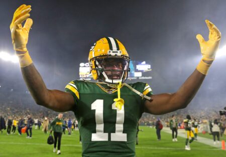 Green Bay Packers wide receiver Jayden Reed (11) celebrates the Packers victory over the Chicago Bears during their football game Sunday, January 7, 2024, at Lambeau Field in Green Bay, Wis. The Packers defeated the Bears 17-9. Wm. Glasheen USA TODAY NETWORK-Wisconsin
