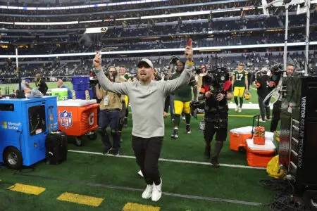 Jan 14, 2024; Arlington, Texas, USA; Green Bay head coach Matt LaFleur during the second half against the Dallas Cowboys for the 2024 NFC wild card game at AT&T Stadium. Mandatory Credit: Tim Heitman-USA TODAY Sports