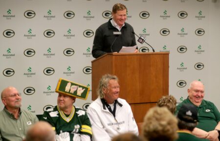 Green Bay Packers president and CEO Mark Murphy announces the 2024 Packers FAN Hall of Fame inductee during a ceremony at Lambeau Field on Feb. 19, 2024, in Green Bay, Wis. © Sarah Kloepping/USA TODAY NETWORK-Wisconsin / USA TODAY NETWORK
