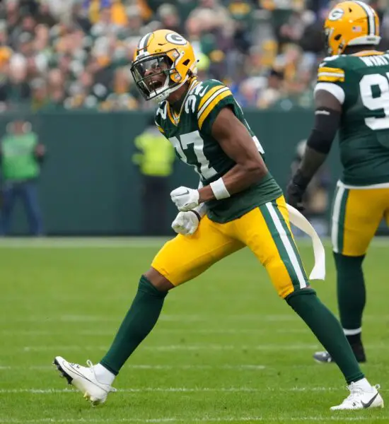 Green Bay Packers cornerback Carrington Valentine (37) celebrates a defensive stop during the first quarter of their game against the Los Angeles Rams on Sunday, Nov. 5, 2023 at Lambeau Field in Green Bay. © Mike De Sisti / Milwaukee Journal Sentinel / USA TODAY NETWORK