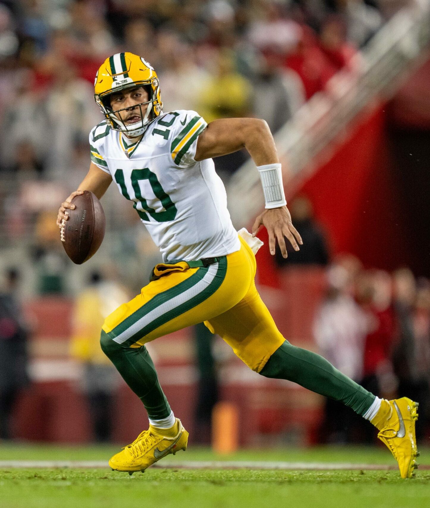 January 20, 2024; Santa Clara, CA, USA; Green Bay Packers quarterback Jordan Love (10) during the first quarter in a 2024 NFC divisional round game against the San Francisco 49ers at Levi’s Stadium. Mandatory Credit: Kyle Terada-USA TODAY Sports