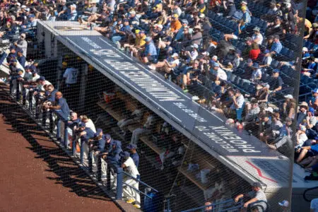 Mar 2, 2024; Phoenix, Arizona, USA; A detailed view of the Milwaukee Brewers team and dugout during a spring training game against the Los Angeles Dodgers at American Family Fields of Phoenix. Mandatory Credit: Allan Henry-USA TODAY Sports