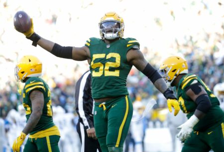Green Bay Packers linebacker Rashan Gary (52) celebrates recovering a fumble against the Los Angeles Chargers during their football game Sunday, November 19, 2023, at Lambeau Field in Green Bay, Wis. Dan Powers/USA TODAY NETWORK-Wisconsin.