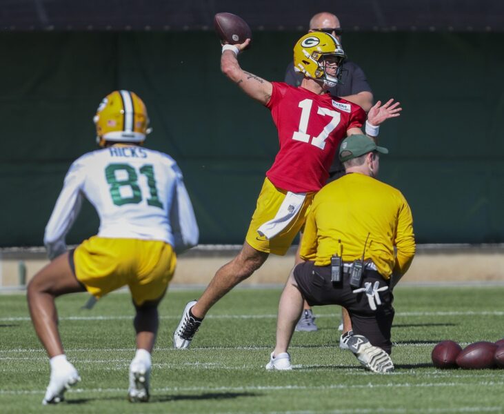 Green Bay Packers quarterback Michael Pratt (17) passes the ball during rookie minicamp on Friday, May 3, 2024, at the Don Hutson Center in Green Bay, Wis. Tork Mason/USA TODAY NETWORK-Wisconsin