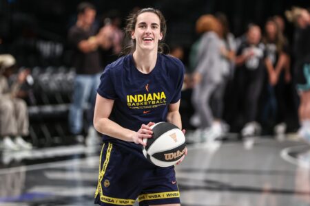 Jun 2, 2024; Brooklyn, New York, USA; Indiana Fever guard Caitlin Clark (22) warms up prior to the game against the New York Liberty at Barclays Center. Mandatory Credit: Wendell Cruz-USA TODAY Sports
