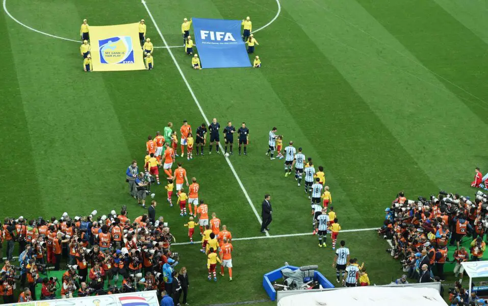 July 9, 2014; Sao Paulo, BRAZIL; Netherlands and Argentina players take the pitch for the semifinal match in the 2014 World Cup at Arena Corinthians. Mandatory Credit: Tim Groothuis/Witters Sport via USA TODAY Sports