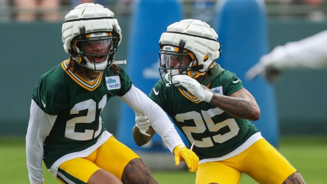 Green Bay Packers cornerbacks Eric Stokes (21) and Keisean Nixon (25) run through a drill on Wednesday at training camp. / Tork Mason / USA TODAY NETWORK