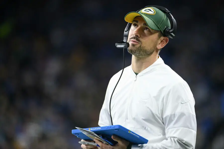 Dec 29, 2019; Detroit, Michigan, USA; Green Bay Packers head coach Matt LaFleur reacts on the sidelines during the first quarter against the Detroit Lions at Ford Field. Mandatory Credit: Tim Fuller-USA TODAY Sports