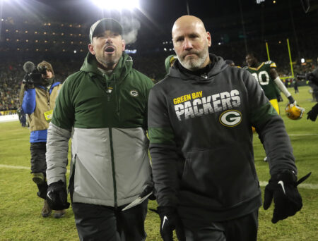 Jan 12, 2020; Green Bay, WI, USA; Green Bay Packers head coach Matt LaFleur walks off the field after defeating the Seattle Seahawks in a NFC Divisional Round playoff football game at Lambeau Field. Mandatory Credit: William Glasheen/USA TODAY NETWORK-Wisconsin via USA TODAY Sports
