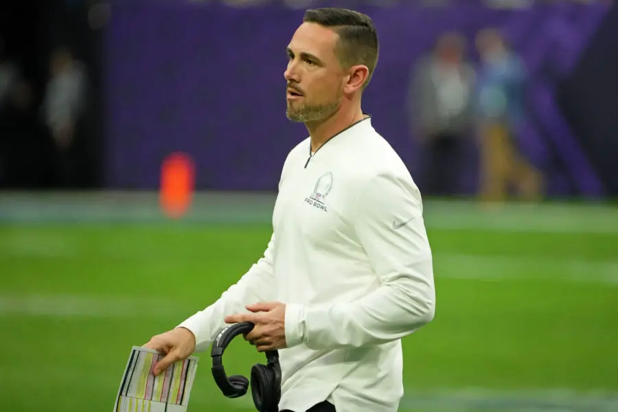 Feb 6, 2022; Paradise, Nevada, USA; NFC head coach Matt LaFleur of the Green Bay Packers walks on the field against the AFC during the fourth quarter during the Pro Bowl football game at Allegiant Stadium. Mandatory Credit: Kirby Lee-USA TODAY Sports