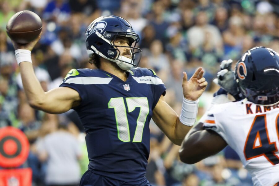 Aug 18, 2022; Seattle, Washington, USA; Seattle Seahawks quarterback Jacob Eason (17) passes against the Chicago Bears during the fourth quarter at Lumen Field. Mandatory Credit: Joe Nicholson-USA TODAY Sports