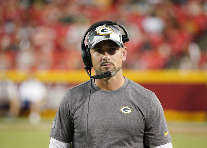 Aug 25, 2022; Kansas City, Missouri, USA; Green Bay Packers head coach Matt LaFleur watches play against the Kansas City Chiefs during the second half at GEHA Field at Arrowhead Stadium. Mandatory Credit: Denny Medley-USA TODAY Sports