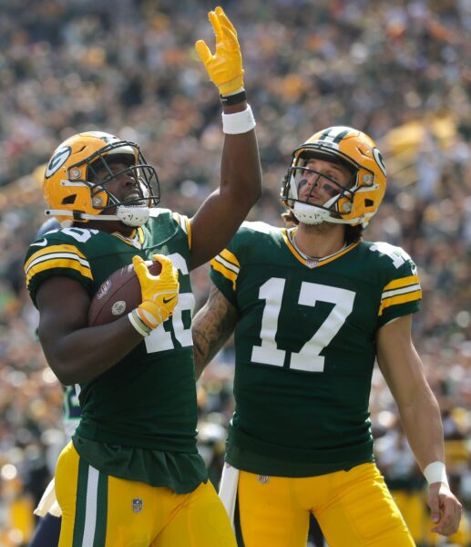 Green Bay Packers running back Nate McCrary (46) quarterback Alex McGough (17) celebrate a fourth quarter touchdown against the Seattle Seahawks during their preseason football game Saturday, August 26, 2023, at Lambeau Field in Green Bay, Wis. Green Bay defeated Seattle 19-15. Wm. Glasheen USA TODAY NETWORK-Wisconsin