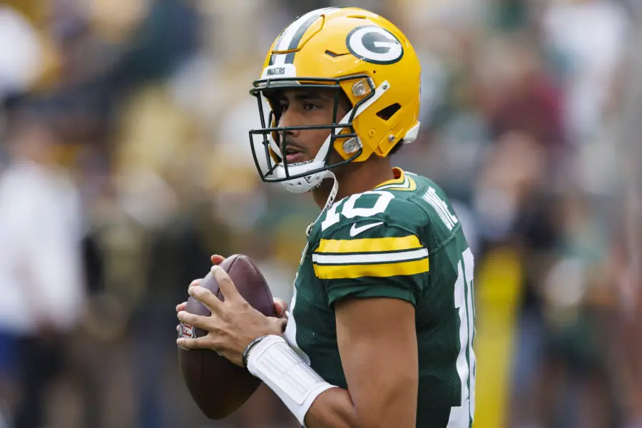 Sep 24, 2023; Green Bay, Wisconsin, USA; Green Bay Packers quarterback Jordan Love (10) warms up prior to the game against the New Orleans Saints at Lambeau Field. Mandatory Credit: Jeff Hanisch-USA TODAY Sports