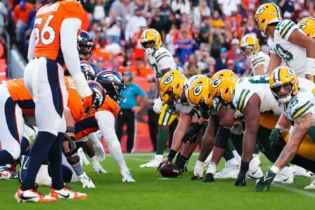 Oct 22, 2023; Denver, Colorado, USA; Members of the Green Bay Packers and the Denver Broncos during the second half at Empower Field at Mile High. Mandatory Credit: Ron Chenoy-USA TODAY Sports