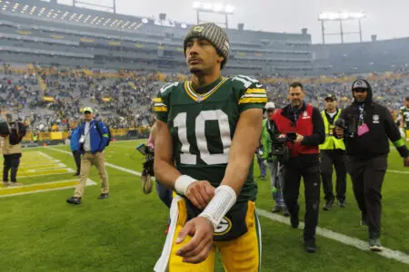 Nov 5, 2023; Green Bay, Wisconsin, USA; Green Bay Packers quarterback Jordan Love (10) walks off the field following the game against the Los Angeles Rams at Lambeau Field. Mandatory Credit: Jeff Hanisch-USA TODAY Sports