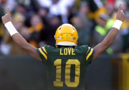 Nov 19, 2023; Green Bay, Wis, USA; Green Bay Packers quarterback Jordan Love (10) reacts following a fourth quarter touchdown against the Los Angeles Chargers at Lambeau Field. Mandatory Credit - Wm. Glasheen USA TODAY NETWORK-Wisconsin