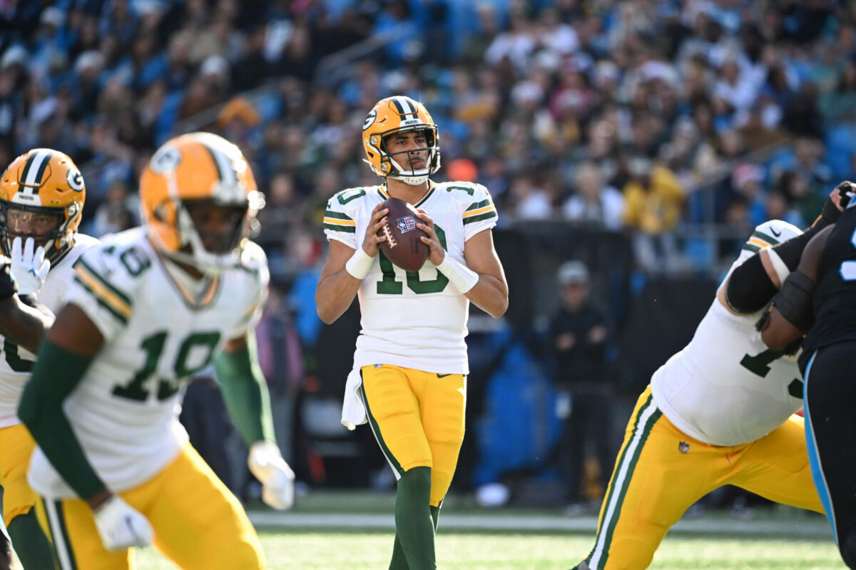 Dec 24, 2023; Charlotte, North Carolina, USA; Green Bay Packers quarterback Jordan Love (10) looks to pass in the second quarter at Bank of America Stadium. Mandatory Credit: Bob Donnan-USA TODAY Sports