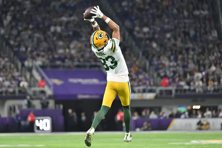 Dec 31, 2023; Minneapolis, Minnesota, USA; Green Bay Packers wide receiver Samori Toure (83) catches a pass during the fourth quarter against the Minnesota Vikings at U.S. Bank Stadium. Mandatory Credit: Jeffrey Becker-USA TODAY Sports
