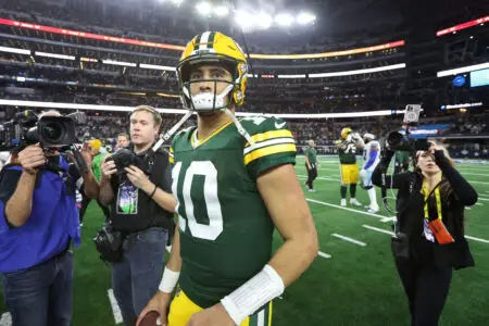 Jan 14, 2024; Arlington, Texas, USA; Green Bay Packers quarterback Jordan Love (10) reacts after the game against the Dallas Cowboys for the 2024 NFC wild card game at AT&T Stadium. Mandatory Credit: Tim Heitman-USA TODAY Sports
