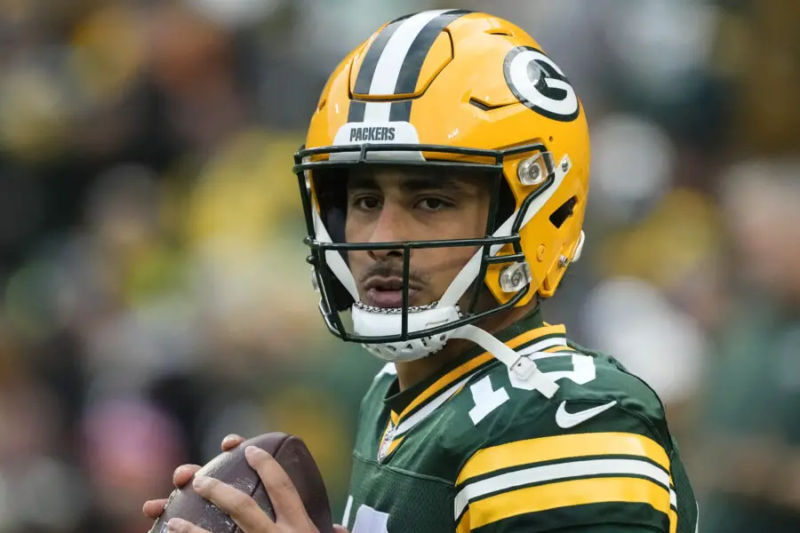 Jan 7, 2024; Green Bay, Wisconsin, USA; Green Bay Packers quarterback Jordan Love (10) during warmups prior to the game against the Chicago Bears at Lambeau Field. Mandatory Credit: Jeff Hanisch-USA TODAY Sports