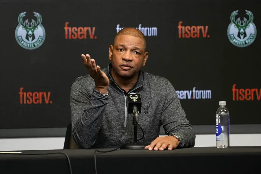 Jan 27, 2024; Milwaukee, Wisconsin, USA; Doc Rivers answers questions from the media after being introduced as the new Milwaukee Bucks head coach prior to the game between the Seton Hall Pirates and Marquette Golden Eagles at Fiserv Forum. Mandatory Credit: Jeff Hanisch-USA TODAY Sports