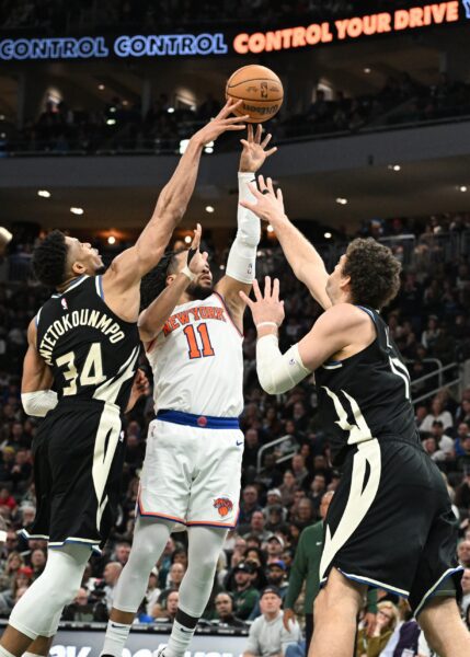 Milwaukee Bucks Trade C Brook Lopez To Contender For Massive Haul In Latest Proposal (Report) 2 Apr 7, 2024; Milwaukee, Wisconsin, USA; New York Knicks guard Jalen Brunson (11) puts up a shot against Milwaukee Bucks forward Giannis Antetokounmpo (34) and Milwaukee Bucks center Brook Lopez (11) in the second half at Fiserv Forum. Mandatory Credit: Michael McLoone-USA TODAY Sports