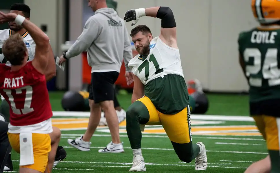 Green Bay Packers center Josh Myers (71) is shown during the team’s mini camp Tuesday, June 11, 2024 in Green Bay, Wisconsin. © Mark Hoffman/Milwaukee Journal Sentinel / USA TODAY NETWORK