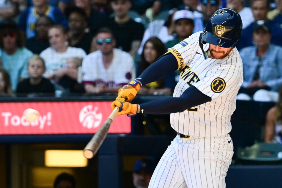 Jun 30, 2024; Milwaukee, Wisconsin, USA; Milwaukee Brewers second baseman Brice Turang (2) hits a grand slam home run in the fourth inning against the Chicago Cubs at American Family Field. Mandatory Credit: Benny Sieu-USA TODAY Sports