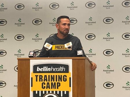Packers coach Matt LaFleur talks to the media Monday, July 22, 2024, before the start of the first practice of the 2024 training camp. © Tom Silverstein / Milwaukee Journal Sentinel / USA TODAY NETWORK