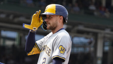 Jul 24, 2024; Chicago, Illinois, USA; Milwaukee Brewers second baseman Brice Turang (2) gestures after hitting a one run single against the Chicago Cubs during the sixth inning at Wrigley Field. Mandatory Credit: David Banks-USA TODAY Sports