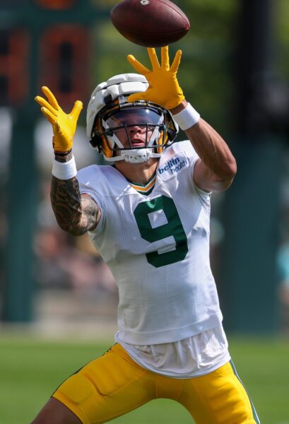 Green Bay Packers wide receiver Christian Watson (9) catches a pass on Saturday, July 27, 2024, at Ray Nitschke Field in Ashwaubenon, Wis. Tork Mason/USA TODAY NETWORK-Wisconsin