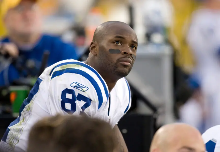 Oct 19, 2008; Green Bay, WI, USA; Indianapolis Colts wide receiver Reggie Wayne (87) looks to the scoreboard from the sidelines during the game against the Green Bay Packers at Lambeau Field. The Packers defeated the Colts 34-14. Mandatory Credit: Jeff Hanisch-USA TODAY Sports