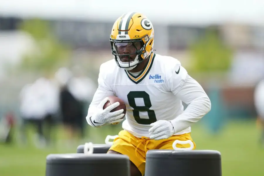 Green Bay Packers running back Josh Jacobs (8) is shown during organized team activities Tuesday, May 21, 2024 in Green Bay, Wisconsin. © Mark Hoffman/Milwaukee Journal Sentinel / USA TODAY NETWORK