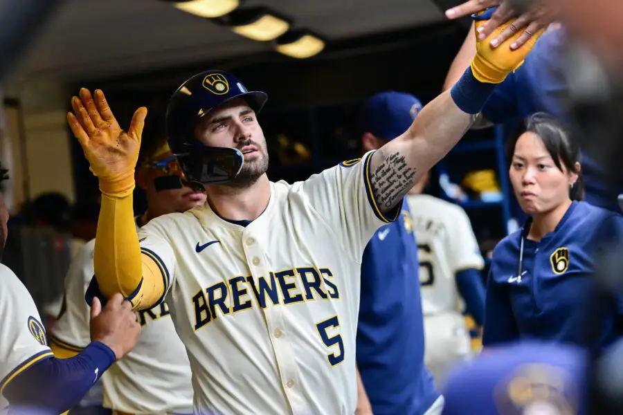 Milwaukee Brewers right fielder Garrett Mitchell (5) celebrates in the dugout after hitting a solo home run in the second inning against the San Francisco Giants.