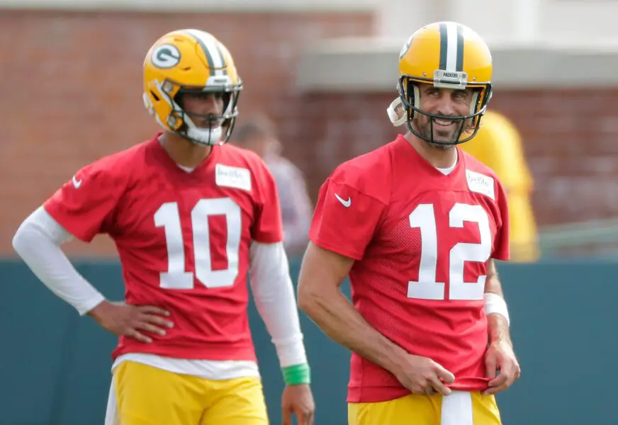 Green Bay Packers quarterback Jordan Love (10) and quarterback Aaron Rodgers (12) participate in training camp Wednesday, July 28, 2021, in Green Bay, Wis. Dan Powers/USA TODAY NETWORK-Wisconsin