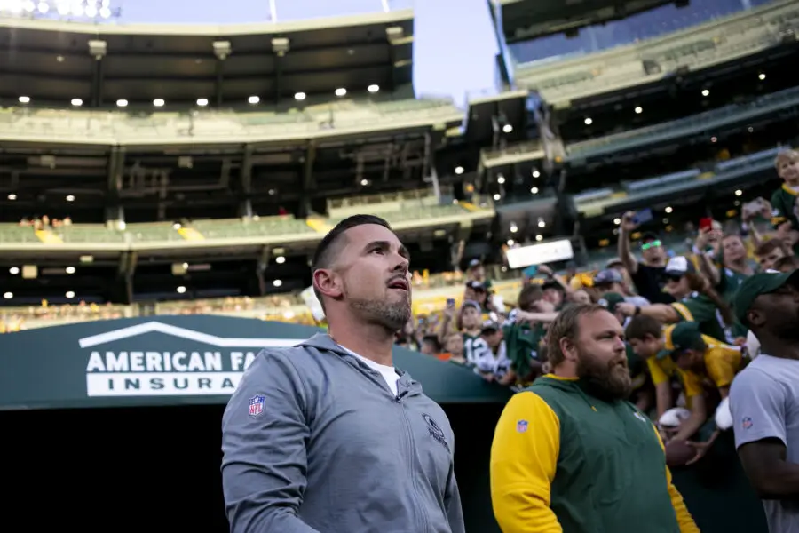 Aug 5, 2022; Green Bay, WI, USA; Green Bay Packers head coach Matt LaFleur (left) looks on at Lambeau Field. Mandatory Credit: Samantha Madar/Green Bay Press Gazette -USA TODAY NETWORK