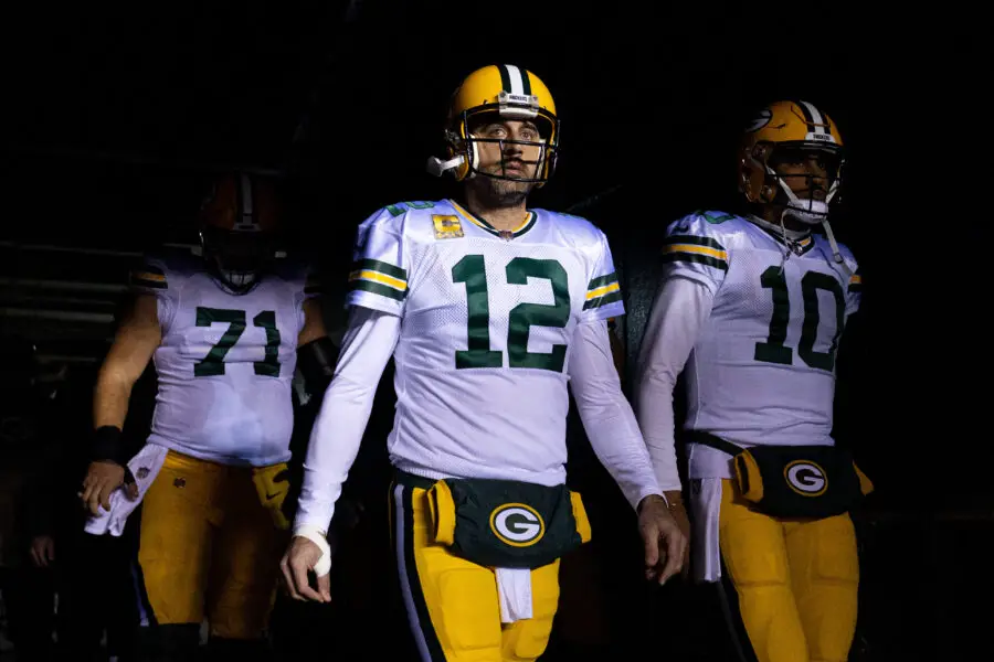 Nov 27, 2022; Philadelphia, Pennsylvania, USA; Green Bay Packers quarterback Aaron Rodgers (12) and quarterback Jordan Love (10) walk out of the tunnel before action against the Philadelphia Eagles at Lincoln Financial Field. Mandatory Credit: Bill Streicher-USA TODAY Sports