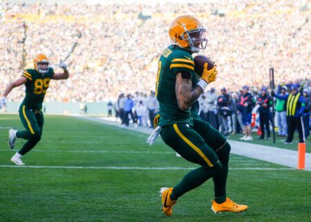 Green Bay Packers wide receiver Christian Watson (9) catches a touchdown pass against the Los Angeles Chargers on Sunday, November 19, 2023, at Lambeau Field in Green Bay, Wis. The Packers won the game, 23-20. Tork Mason/USA TODAY NETWORK-Wisconsin