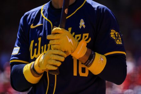 Milwaukee Brewers outfielder Blake Perkins (16) during the seventh inning in the game against the Cincinnati Reds at Great American Ball Park.