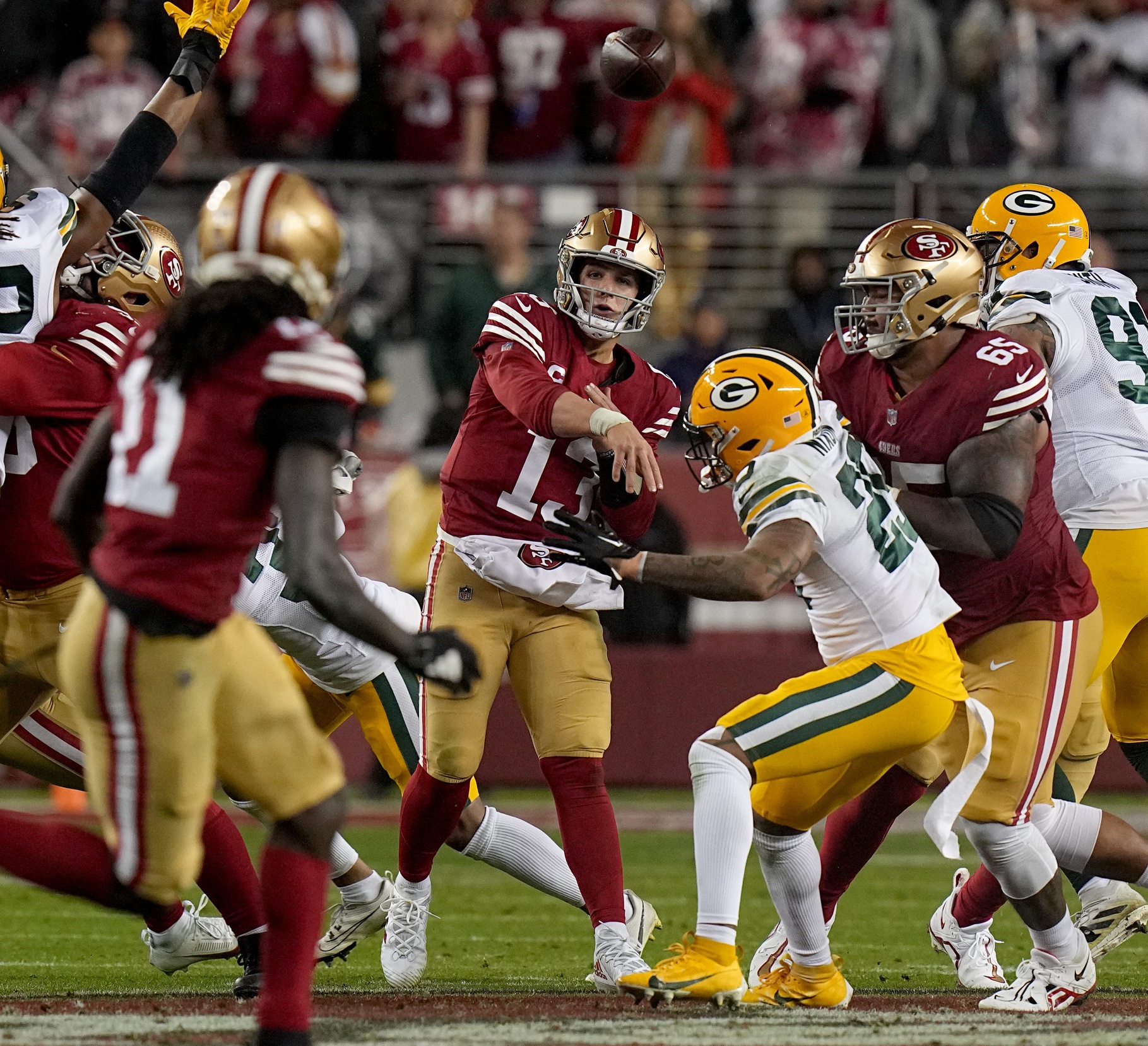 San Francisco 49ers quarterback Brock Purdy (13) throws a pass during the third quarter of their NFC divisional playoff game Saturday, January 20, 2024 at Levi’ Stadium in Santa Clara, California. The San Francisco 49ers beat the Green Bay Packers 24-21. © Mark Hoffman / Milwaukee Journal Sentinel / USA TODAY NETWORK