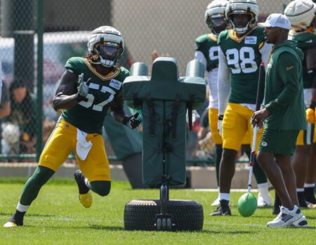 Green Bay Packers defensive lineman Brenton Cox, Jr (57) runs through a drill during practice on Wednesday, August 14, 2024, at Ray Nitschke Field in Ashwaubenon, Wis. Tork Mason/USA TODAY NETWORK-Wisconsin